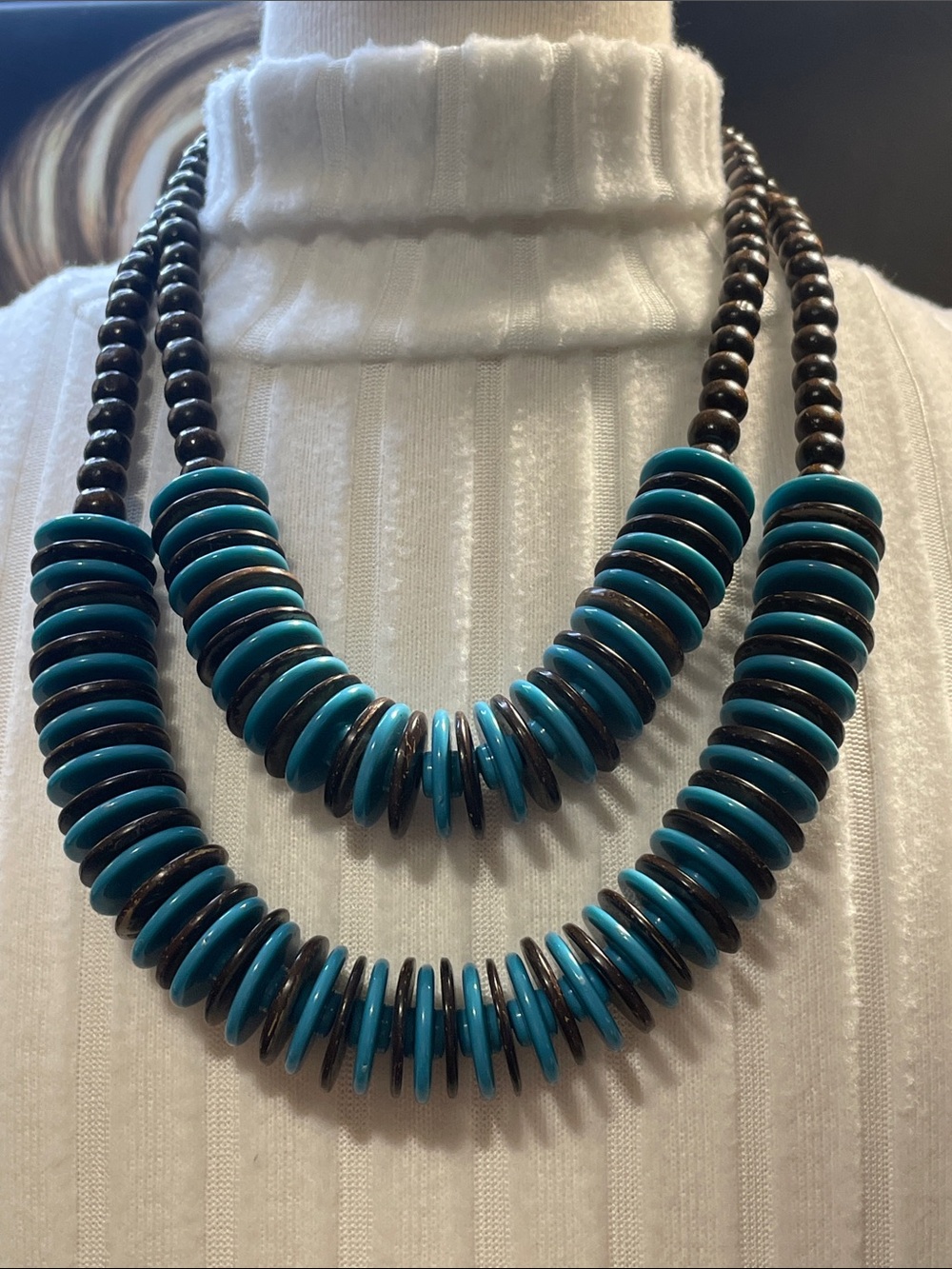 Turquoise and Brown Double Wooded Strand Bead Necklace - Picture 5 of 5